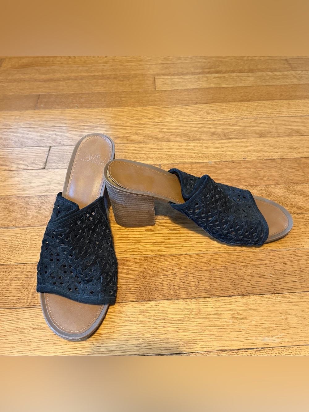 SARTO By Franco Sarto Black Laser-Cut Suede Block Heel Mules